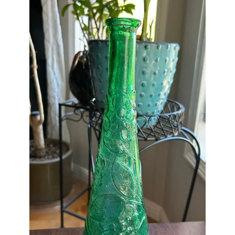 Vintage 60's/70's MCM Green Italian Empoli Bottle Decantet Butterfly And Flowers